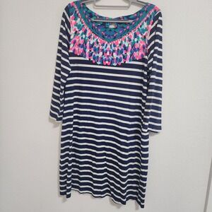 Lilly Pulitzer Dress Women's Large Navy Blue Stripe Colorful Knit Casual‎